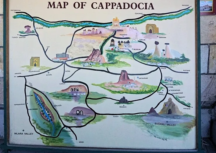 map of cappadocia outside a travel agency in goreme